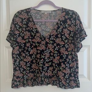 LOFT Black and Pink Ruffled Cropped Top